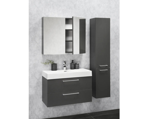 Salle de bains avec meuble-lavabo, armoire de toilette et armoire haute