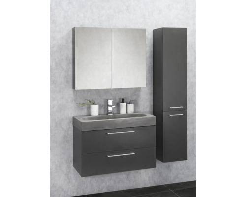 Salle de bains avec meuble sous-vasque, lavabo, armoire de toilette et armoire haute.