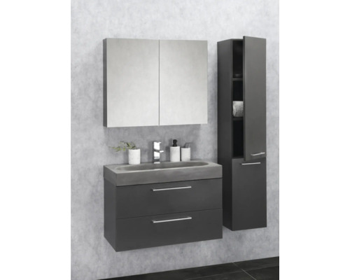Ensemble de salle de bains avec meuble sous-lavabo, lavabo, armoire de toilette et armoire haute pour une salle de bains organisée