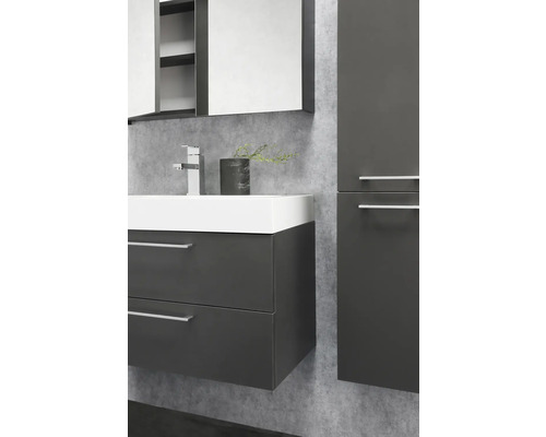 Salle de bains moderne avec lavabo, armoire de toilette et armoire haute