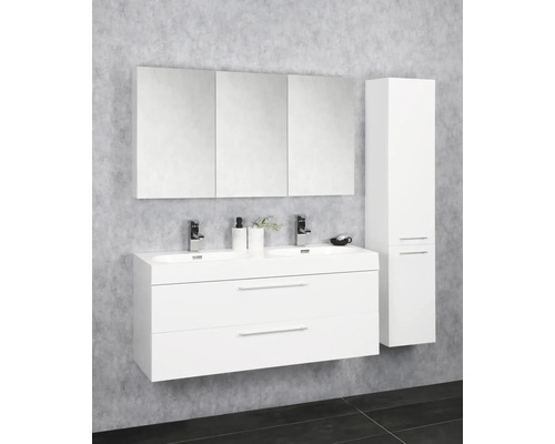 Salle de bains moderne avec meuble-lavabo double, armoire de toilette et armoire haute.
