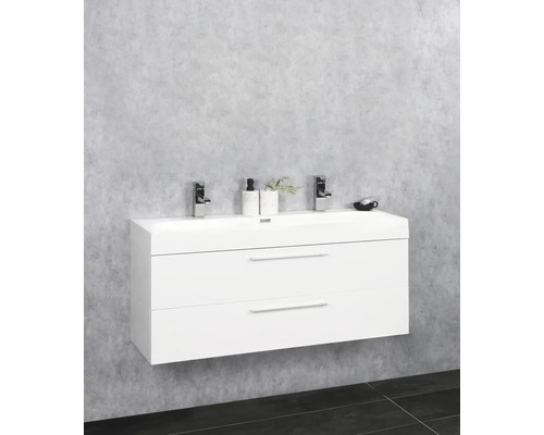 Meuble-lavabo double blanc avec deux tiroirs et deux robinets sur un mur gris
