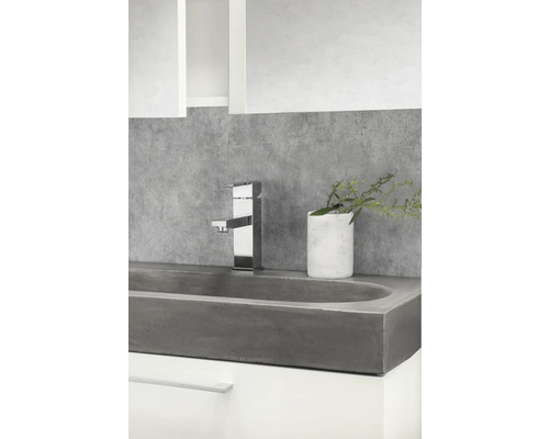 Lavabo de salle de bains moderne avec robinet, vase et espace de rangement.