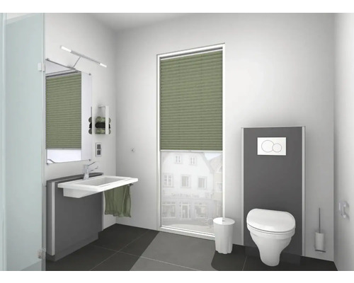 Badezimmer mit Waschbecken, Toilette und Plissee am Fenster