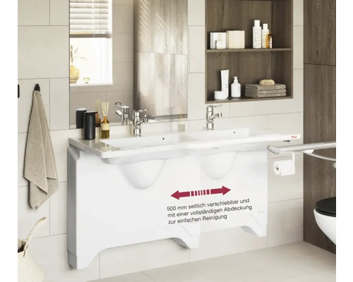 Salle de bains avec lavabo pour un habitat sans obstacle, miroir et étagère inclus