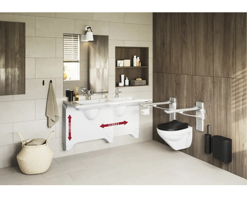 Salle de bains accessible avec lavabo et WC avec barres d''appui.