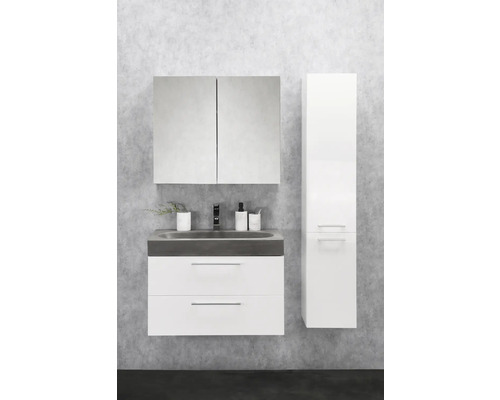 Salle de bains avec meuble sous-lavabo, armoire de toilette et armoire haute