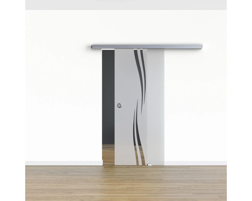 Schiebetür aus Glas mit horizontaler Schiene und Wellenmuster