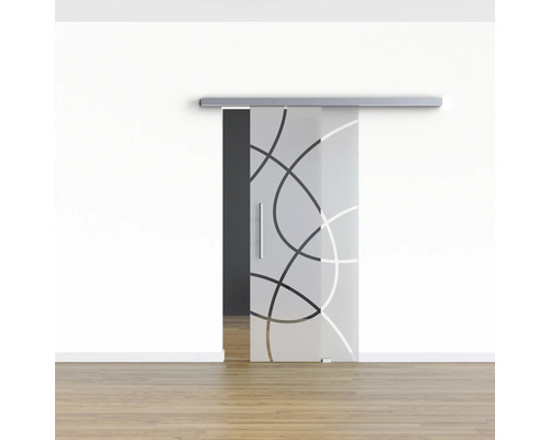 Schiebetür aus Glas mit Kreismuster im Raum