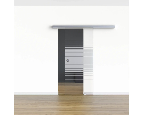 Schiebetür aus Glas mit horizontalen Streifen im Raum