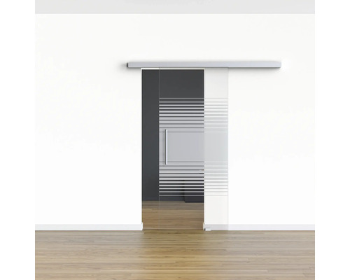 Schiebetür aus Glas mit horizontalem Streifenmuster und Griff