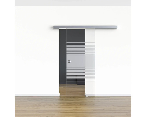 Glasschiebetür mit horizontalem Streifenmuster vor einer weißen Wand