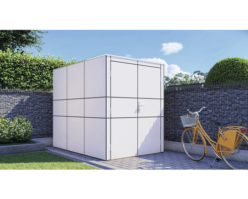 Fahrradgarage Bertilo HPL Design Bike Port 155 x 235 cm weiß Gartenszene mit einem Geräteschrank und einem Fahrrad