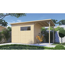 Abri de jardin en bois avec abri et vélo dans le jardin