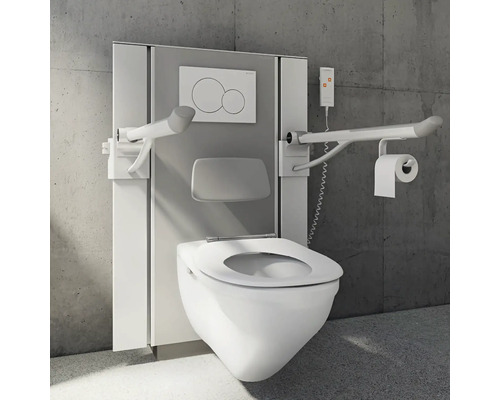 WC suspendu avec barres d''appui et support dorsal pour salle de bain accessible