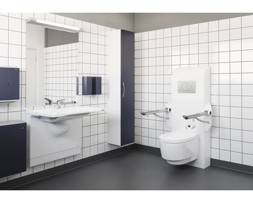 Badezimmer mit behindertengerechtem WC, Waschtisch und Spiegel