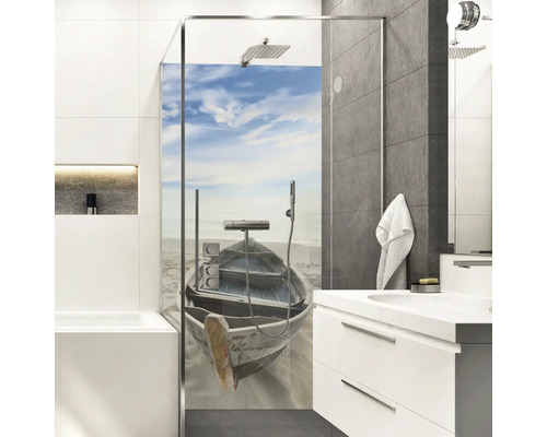 Panneau mural de douche mySpotti Shower Beach & Boat bateau sur la plage 255 x 100 cm SH-210100-1935-HB