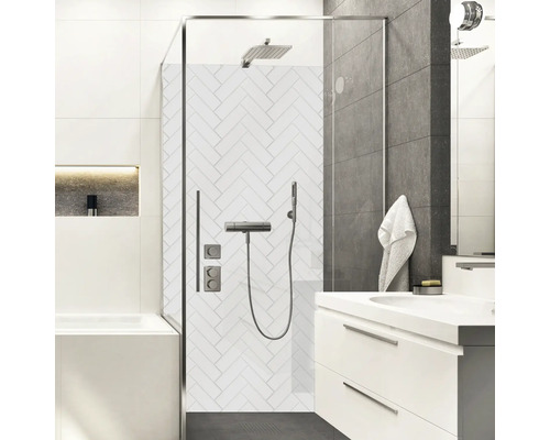 Panneau mural de douche mySpotti Shower Herrinbone Tiles White optique carrelage 255 x 100 cm SH-210100-1918-HB