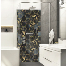 Salle de bain moderne avec paroi de douche, lavabo et carrelage hexagonal imitation marbre
