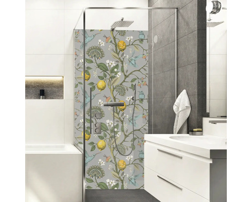 Panneau mural de douche mySpotti Shower Gloria citron oiseau plantes 255 x 100 cm SH-255100-1853-HB Panneau mural de douche mySpotti Shower Gloria citron oiseau plantes 255 x 100 cm SH-255100-1853-HB