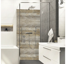 Modernes Badezimmer mit Duschkabine, Holzwand und weißem Waschtisch