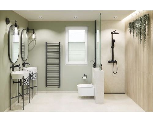 Helles Badezimmer mit Doppelwaschtisch, Heizkörper, Toilette und Dusche