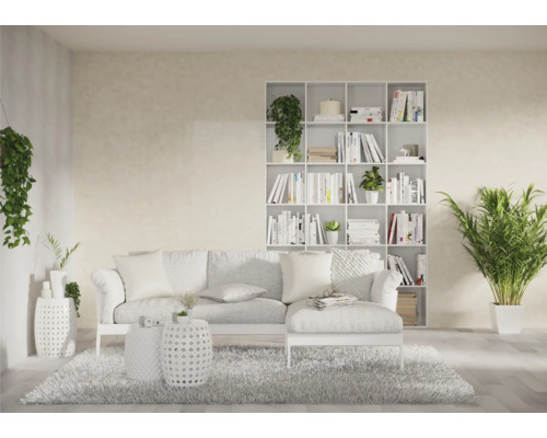 Heller Wohnraum mit Sofa, Bücherregal und Zimmerpflanzen für eine freundliche Atmosphäre