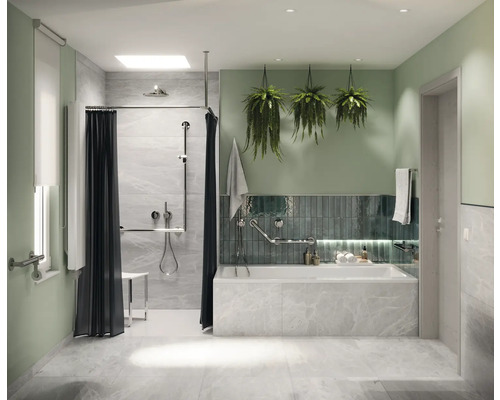 Badezimmer mit Dusche, Badewanne, Haltegriffen und Pflanzen