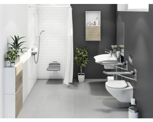 Badezimmer mit Dusche, Toilette und Waschbecken für barrierefreies Wohnen