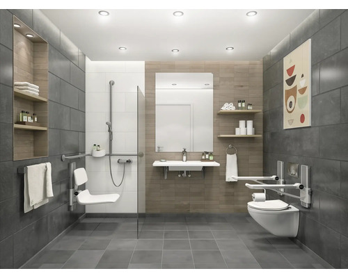 Barrierefreies Badezimmer mit Dusche, WC und Waschbecken mit Haltegriffen