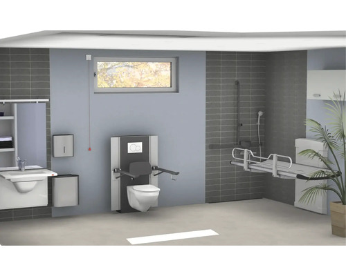Salle de bains accessible aux personnes à mobilité réduite avec toilettes, lavabo et lit