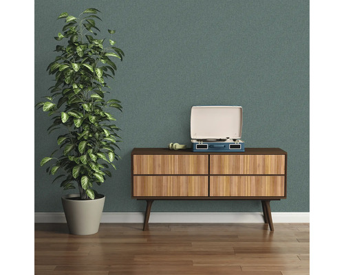 Pièce décorative avec plante d''intérieur, tourne-disque et commode