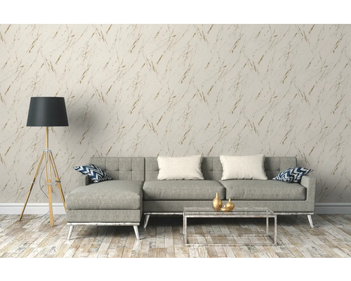 Wohnzimmer mit grauer Couch, Stehlampe und Tapete mit abstraktem Muster