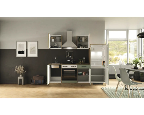 Kompakte Küche mit Spüle, Backofen, Dunstabzugshaube und Kühlschrank in einem hellen Raum