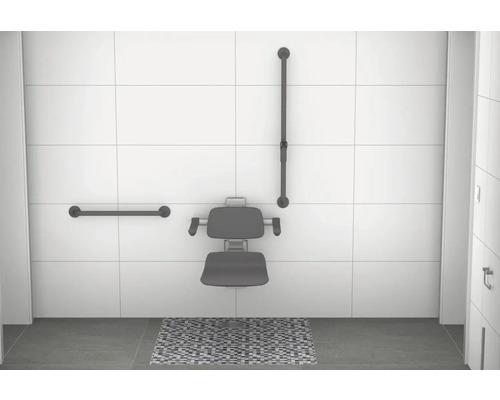 Badezimmer mit Duschsitz, Haltegriff und Stützgriff
