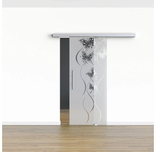 Porte coulissante en verre avec motif papillon devant un mur