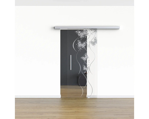 Glasschiebetür mit Schmetterlingsmotiv