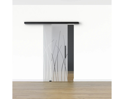 Schiebetür aus Glas mit Dekor und schwarzer Laufschiene