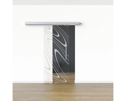 Porte coulissante en verre avec motif graphique et poignée dans la pièce