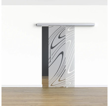 Porte coulissante en verre avec motif abstrait dans un espace de vie.