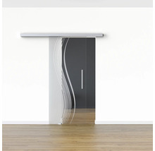 Porte en verre avec système de porte coulissante et décor