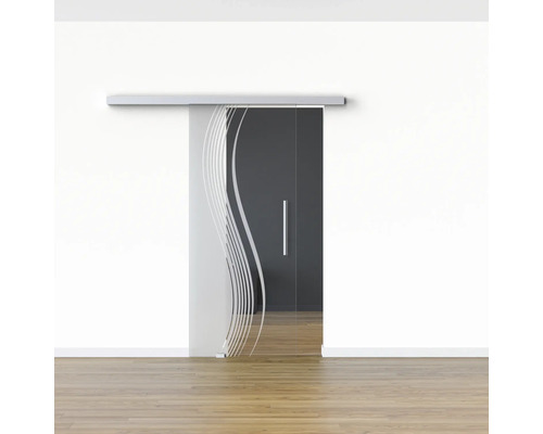 Porte en verre avec système de porte coulissante et décor