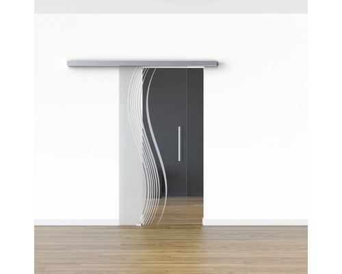 Porte coulissante en verre avec motif ondulé dans une pièce lumineuse