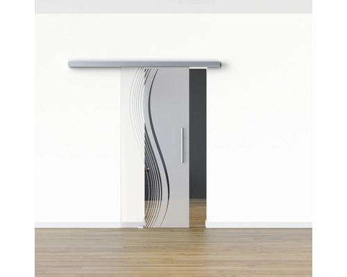 Porte coulissante en verre avec décor et poignée