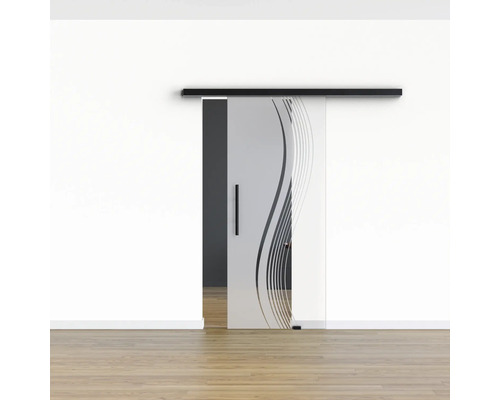 Glasschiebetür mit Wellenmuster und Schiebetürsystem vor einer weißen Wand