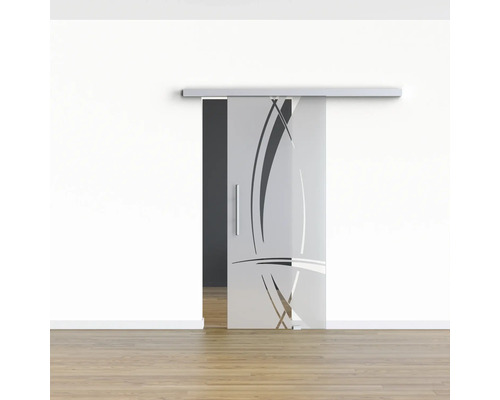 Schiebetür aus Glas mit Dekor im Innenraum