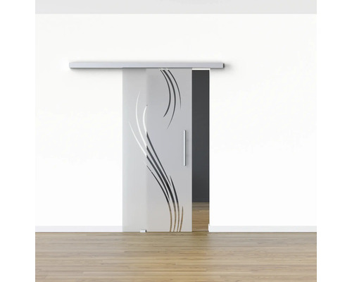 Porte coulissante en verre avec motif devant un mur