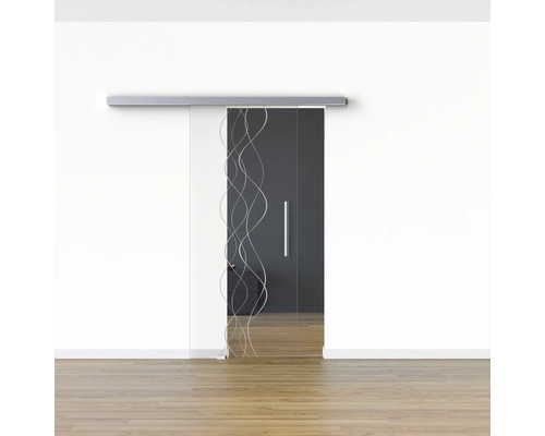 Schiebetür aus Glas mit Griff und linearem Dekor