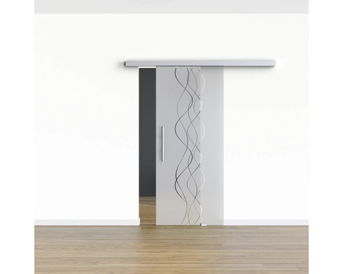 Glasschiebetür mit Wellendesign vor einer weißen Wand