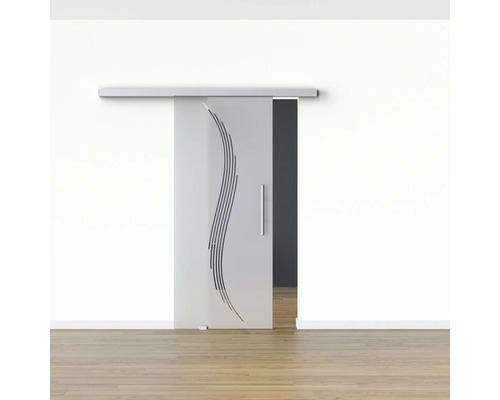 Porte coulissante en verre avec motif linéaire et poignée